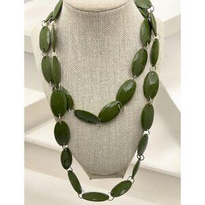 Vintage Olive Green Beaded Necklace Faceted Oval Beads Silver Tone Long 44 Inch